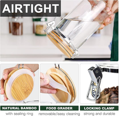 KKC Glass Coffee Container Set of 3 with Bamboo Lids & Spoons | 40oz Airtight Coffee Bar Accessories & Organizer for Countertop | Clear Sugar and Coffee Canister Set for Ground Beans & Tea