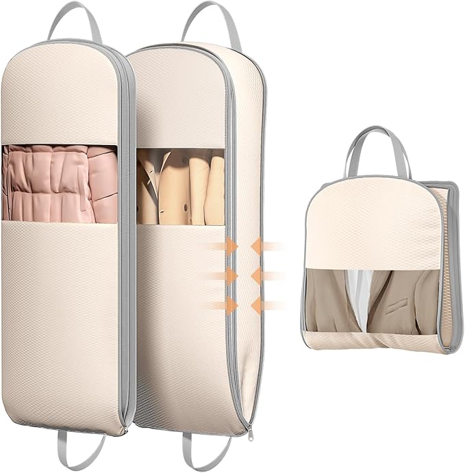 DIMJ 2 Pack 54" Space Saving Garment Bags for Hanging Clothes With Compression Zipper Carry Handles and Window, Washable Suit Bag for Dress, Clothes, Coats, Down Jacket, Closet Storage, Moving, Travel