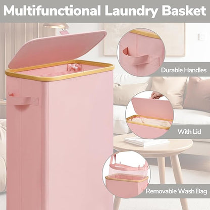 Goodpick Slim Laundry Basket with Wheels and Lid, 75L Tall Laundry Hamper with Bamboo Frame Removable Bag, Collapsible Clothes Hamper for Dorm Home Decor, Pink, 17" x 9.8" x 29.5"