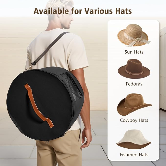 HEAVYWOOD Hat Box for Women Storage Travel Felt Hat Case for Wide-Brim Cowboy Hat Storage Foldable Organizer for Closet Large Round Hat Carrier with Portable Handle Shoulder Strap (Black)