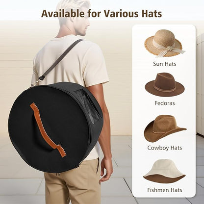 HEAVYWOOD Hat Box for Women Storage Travel Felt Hat Case for Wide-Brim Cowboy Hat Storage Foldable Organizer for Closet Large Round Hat Carrier with Portable Handle Shoulder Strap (Black)