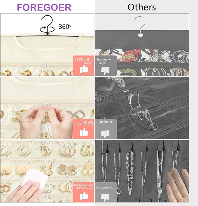 FOREGOER Hanging Jewelry Organizer with 88 Zippered Pockets, Dustproof Foldable for Travel, Accessories Organizer for Holding Jewelries Earring Organizers and Storage (Beige)