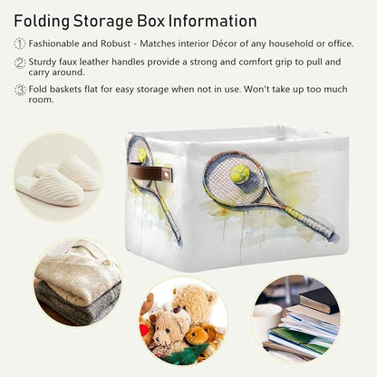 Large Storage Basket Tennis Ball Storage Bin Cube Canvas Fabric Organizer Handles Collapsible for Clothes Toys Bedroom Decorative
