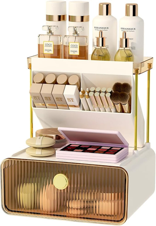 FOLLOWIN 3 Tiers Makeup Organizer with Drawer, Cosmetic Display with Lipsticks Brush Holder, Cosmetics and Beauty Supplies Organizers for Vanity, Dresser, Bathroom Desktop Countertop Organizer, Amber