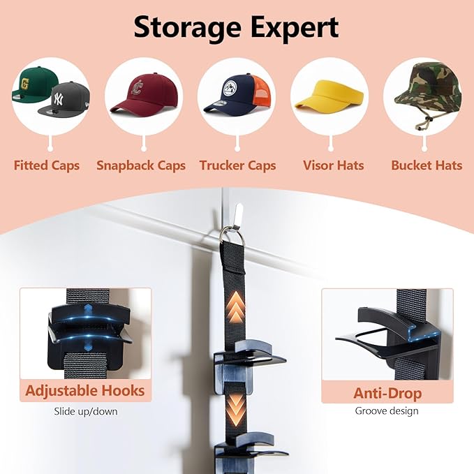 Over The Door Hat Organizer for Baseball Caps, 2-Way Hanging Hat Rack for Door, No-Drill Baseball Cap Organizer for Closet, Bedroom, Garage, Dorm Door (10 Hooks)