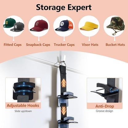 Over The Door Hat Organizer for Baseball Caps, 2-Way Hanging Hat Rack for Door, No-Drill Baseball Cap Organizer for Closet, Bedroom, Garage, Dorm Door (10 Hooks)