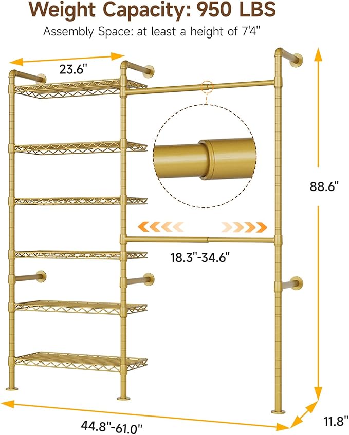 ONBRILL H2 Wall Mounted Clothing Rack, Expandable Industrial Pipe Clothes Rack Garment Racks for Hanging Clothes, Heavy Duty Closet Organizers and Storage in Closet System, Gold