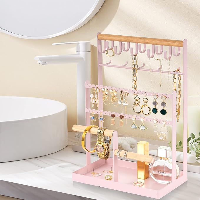 ProCase Jewelry Organizer Stand Necklace Organizer Earring Holder, 6 Tier Jewelry Stand Necklace Holder with 15 Hooks, Jewelry Tower Display Rack Storage Tree for Bracelets Earrings Rings -Pink
