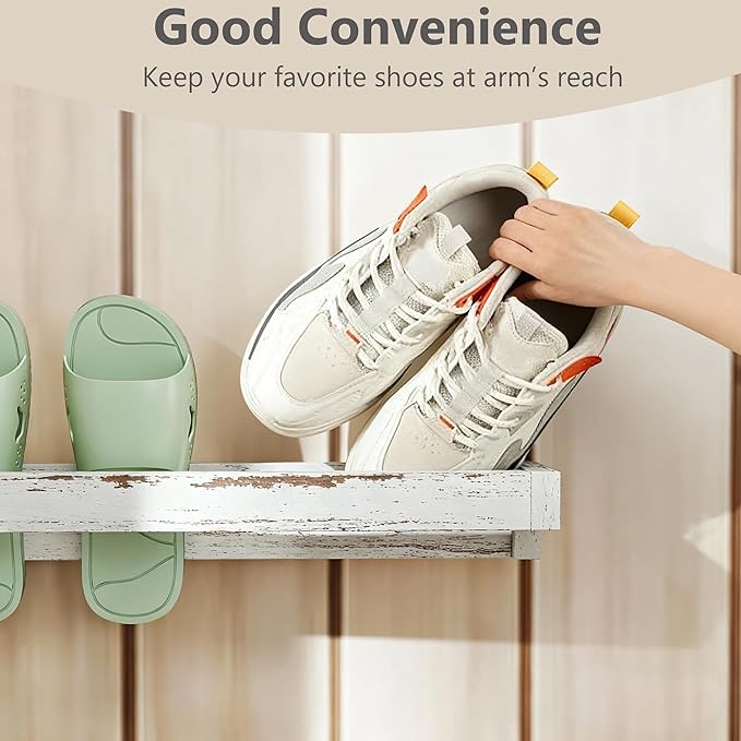 tonchean Wall Mounted Shoe Rack 30in, Solid Wood Hanging Shoe Organizer Storage Rack Shabby White Washed, Wooden Shoe Shelf Rack, Hanging Shoe Organizer Holder for Closet Mudroom RV Entryway, 4 pack