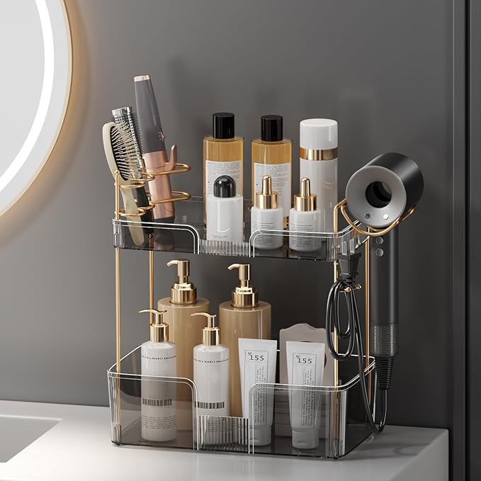 shuang qing 2 Tier Bathroom Counter Organizer with Hair Dryer Holder, Hair Tool Countertop Storage, Cosmetics Skincare Shelf, Makeup Organizer Perfume for Dresser Vanity Tray - Grey