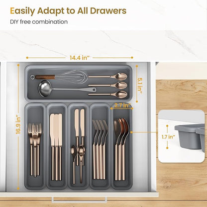 6 Pack Silicone Drawer Organizer for Kitchen, DIY Free Combination Silverware Organizer, Utensil Drawer Organizer, Moisture-proof and Heat-resistant up to 200°C, Anti-slip Design (Grey)