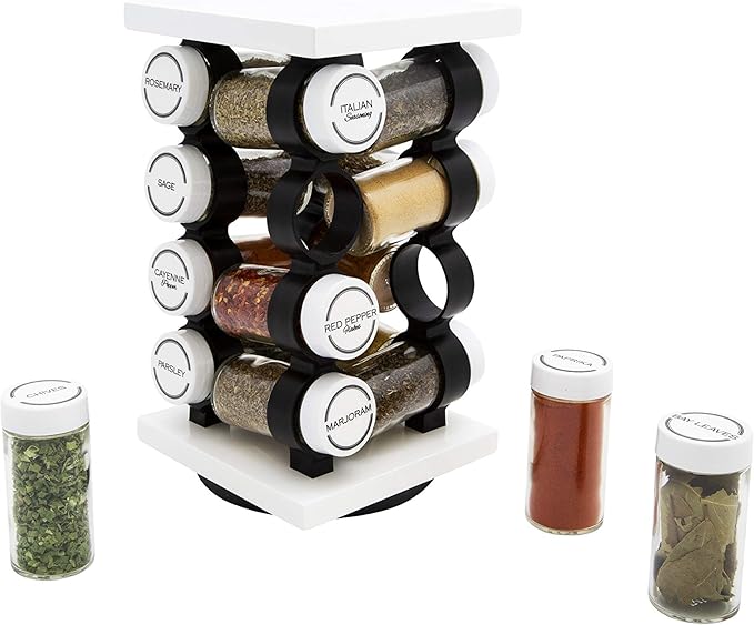 Orii 16 Jar Rotating White Spice Rack with Spices Included & 5-Year Spice Refill Program – Compact Countertop Spice Rack with Glass Jars
