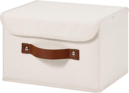 Storage Bins Box with Lids Decorative Cotton Linen Fabric Baskets Cubes with Handles PP Plastic Board Foldable Washable Lidded Clothing Shelf Closet Organizer Container (Beige, Small)