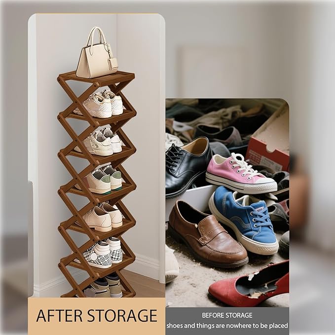 YYW Shoe Rack, Foldable Bamboo Shoes Shelf, Freestanding Shoe Storage Organiser for Entryway, Bedroom, Closet, Hallway - Functional, Natural Shoe Rack (Brown, 3 Layers)