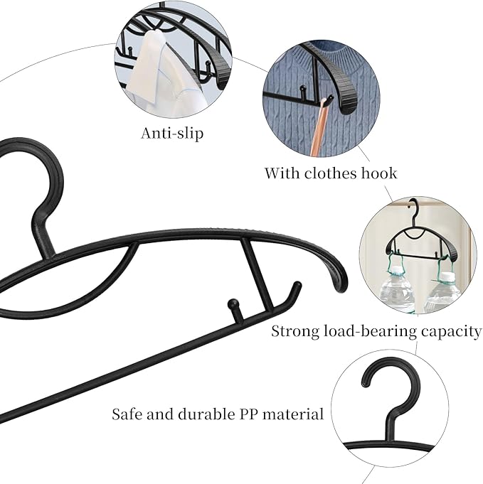 Plastic Clothes Hanger, Extra Thick Plastic Wide Shoulder Adult Slip Resistant Standard Clothing Hanger Ideal for Everyday Use Black 10 Pack 1.1inch Width