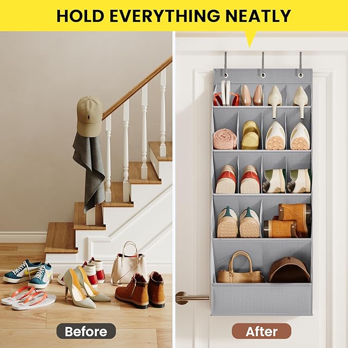18 Pairs Over the Door Shoe Organizer, Shoe Rack for Closet Door with Large Breathable Pockets, Hanging Shoes Rack for Boots, Behind the Door Organizer Shoe Holder for Categorized Storage, Grey ﻿