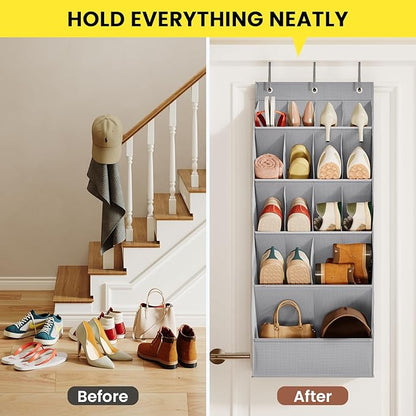 18 Pairs Over the Door Shoe Organizer, Shoe Rack for Closet Door with Large Breathable Pockets, Hanging Shoes Rack for Boots, Behind the Door Organizer Shoe Holder for Categorized Storage, Grey ﻿