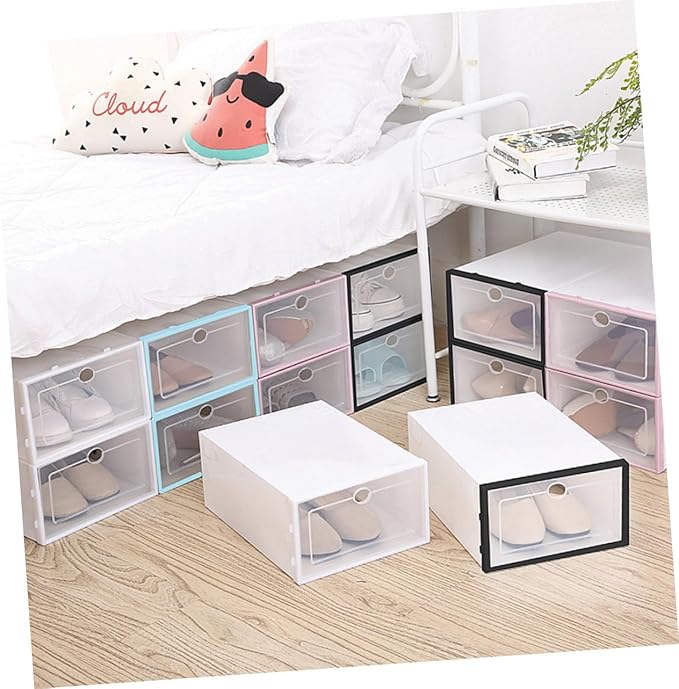 6PCS Thickened Transparent Shoe Containers Plastic Storage Boxes for Men Black Frame White Stackable Organizer for Closet and Shelf Shoes Storage