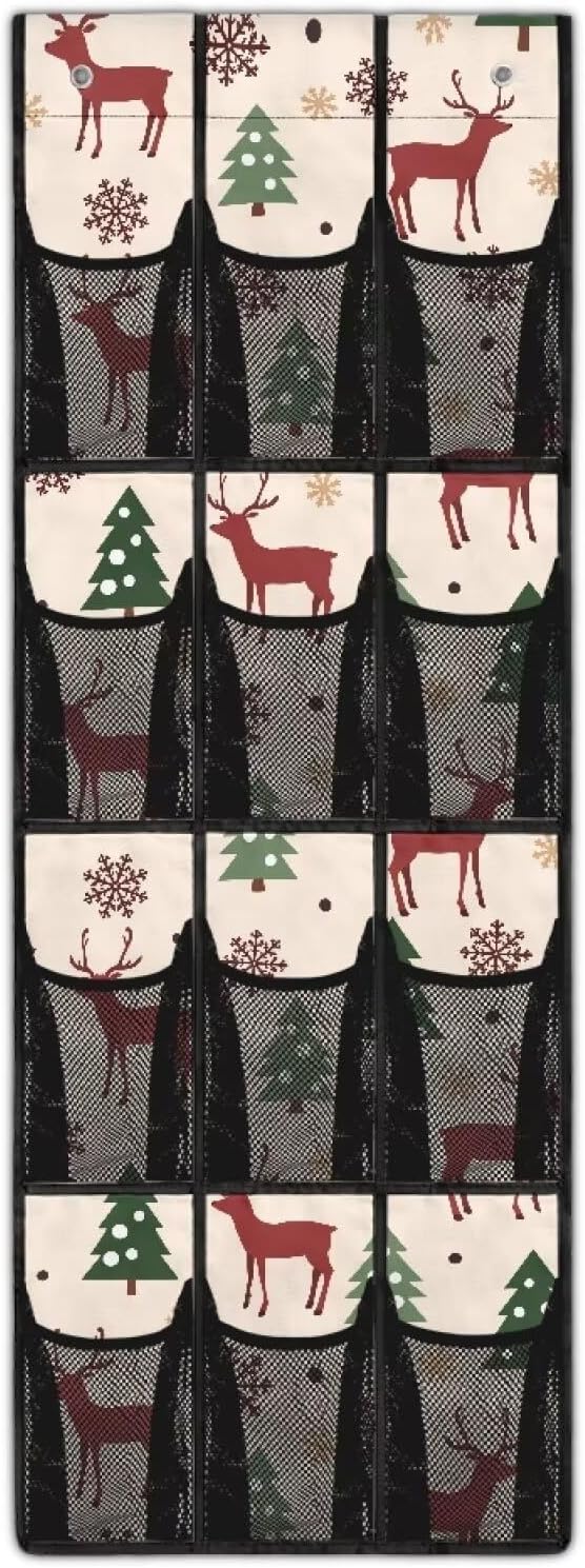 Moose Christmas Shoe Organizer for Door Hanging Easy to Install Door Hanging Shoe Organizer for Merry Christmas Present,Mesh Pockets with 4 Metal Hook