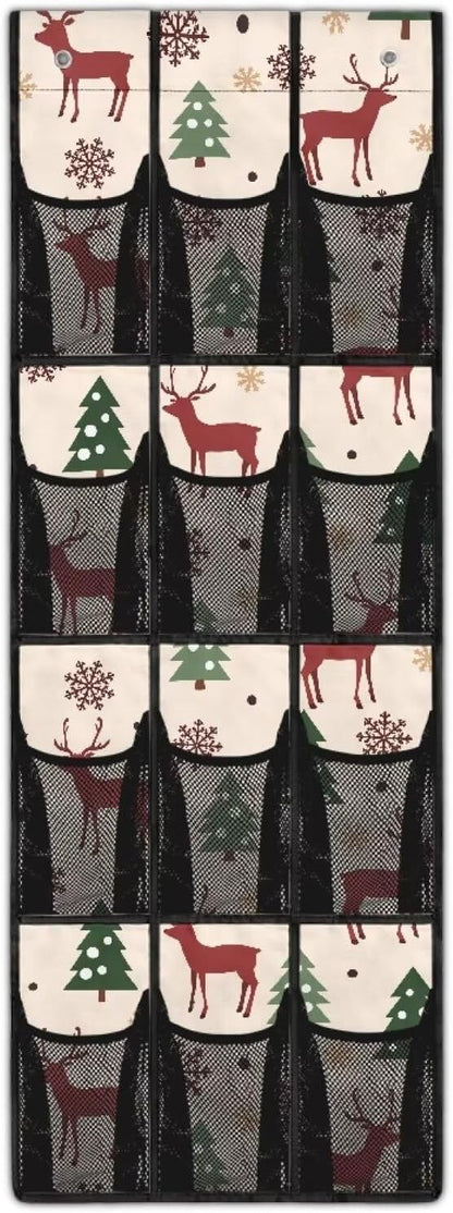 Moose Christmas Shoe Organizer for Door Hanging Easy to Install Door Hanging Shoe Organizer for Merry Christmas,Mesh Pockets with 4 Metal Hook Wall Hanging Storage