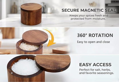 Acacia Salt Cellar, Wood Salt Box With Swivel Cover, Spice Keeper, 7oz Wood Jar For Kitchen, Perfect For Keeping Table Salt, Gourmet Salts, Herbs or Favorite Seasonings
