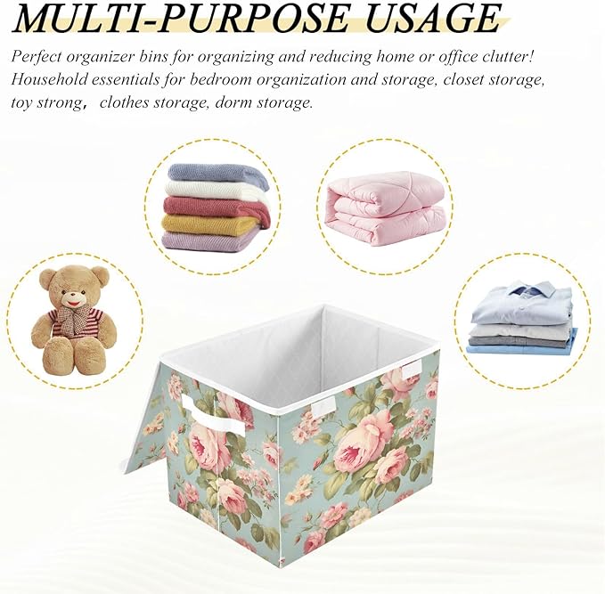 senya Flower Baskets Collapsible Storage Bins with Lids, Vintage Pink Rose Flower Storage Boxes Clothes Baskets for Organizing, B06D22020