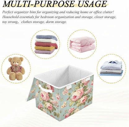 senya Flower Baskets Collapsible Storage Bins with Lids, Vintage Pink Rose Flower Storage Boxes Clothes Baskets for Organizing, B06D22020
