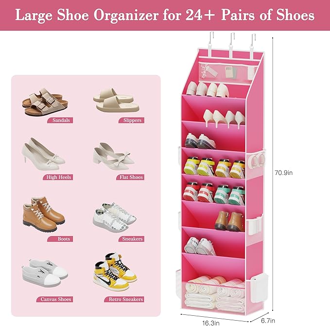 Criusia Shoe Storage, Over the Door Shoe Organizer, Hanging Closet Shoe Storage with Large Deep Pockets, Fits 16–24 Pairs of Sneakers, Sandals, Boots, Pink