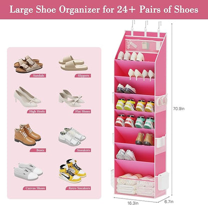 Criusia Shoe Storage, Over the Door Shoe Organizer, Hanging Closet Shoe Storage with Large Deep Pockets, Fits 16–24 Pairs of Sneakers, Sandals, Boots, Pink