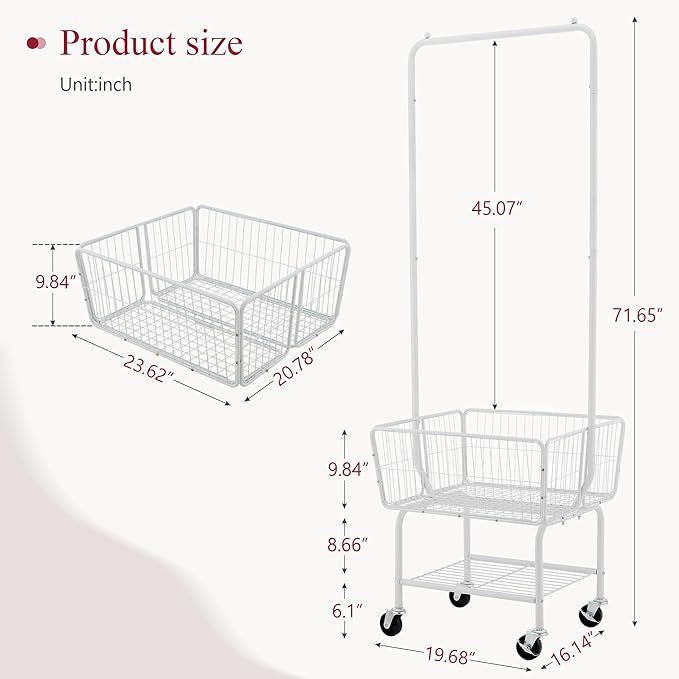 Tajsoon Laundry Cart with Hanging Rack, Metal Laundry Basket with Wheels, Laundry Hamper with Storage Basket and Shelf, Rolling Laundry Cart with Wheels, White