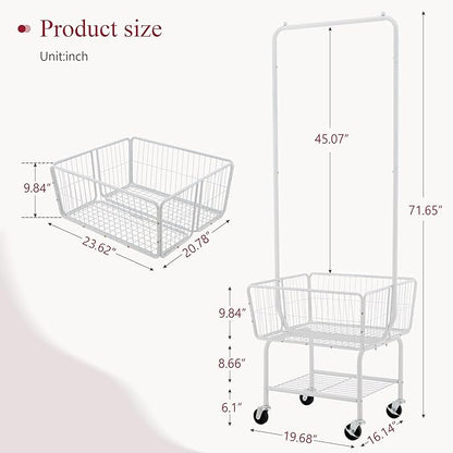 Tajsoon Laundry Cart with Hanging Rack, Metal Laundry Basket with Wheels, Laundry Hamper with Storage Basket and Shelf, Rolling Laundry Cart with Wheels, White