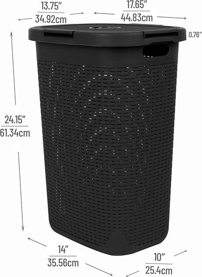 Mind Reader 60L Slim Laundry Hamper, Clothes Basket, Lid, Wicker Design, Plastic, 17.65"L x 13.75"W x 24.15"H, Black
