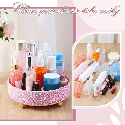 Honeydak Pink Bling Perfume Makeup Organizer Bling Mother's Day Nurses Day Gifts for Women Bathroom Organizers and Storage 360 Rotating Makeup Organizer for Countertop(Pearl)