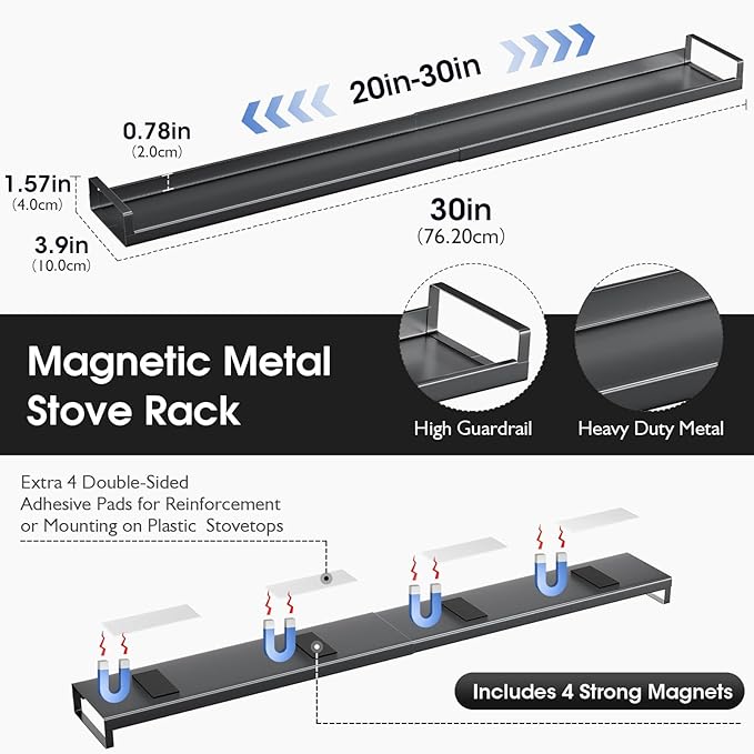 Bumusty 4X Strong Magnetic, 30" Adjustable Oven Shelf Spice Rack Over the Stove, Seasoning Organizer Kitchen Shelves, Matte Black