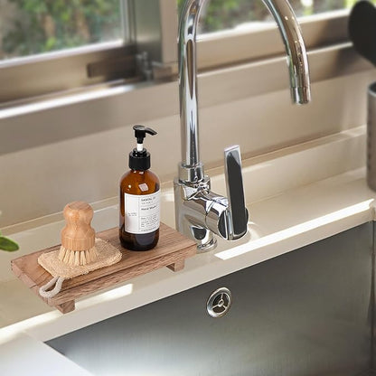 zoocatia Small Wood Tray Pedestal Stand Farmhouse Bathroom Decor Decorative Wooden Riser Kitchen Soap Dish Holder for Vanity, Counter, Sink, 10" x 4.5" - Brown