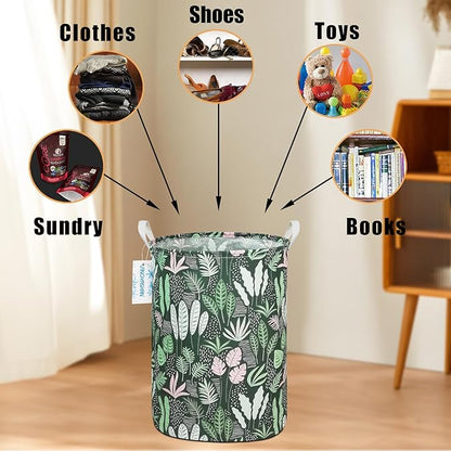 Laundry Basket Canvas Fabric Collapsible Organizer Basket for Storage Bin Toy Bins Gift Baskets Bedroom Clothes Children Nursery Hamper (Round Leaf)