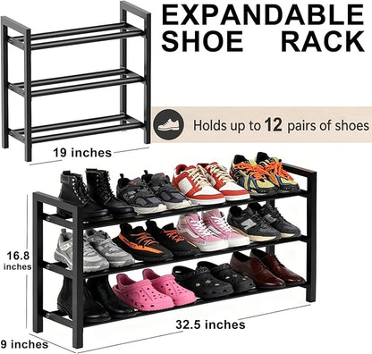 Expandable 3-Tier Shoe Rack Adjustable Shelf Organizer for Entryway Closet Freestanding Narrow Shoe Storage Cabinet for Small Spaces Holds 6-12 Pairs Heels Sneakers (Black, 3 Tier)
