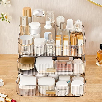 Clear Makeup Organizer for Vanity, Large Desk Organizer with Stackable Drawers for Cosmetics, Skincare, Lipsticks, Eyeshadow Palette, Nail Care, Ideal Storage for Dresser and Bathroom Countertop