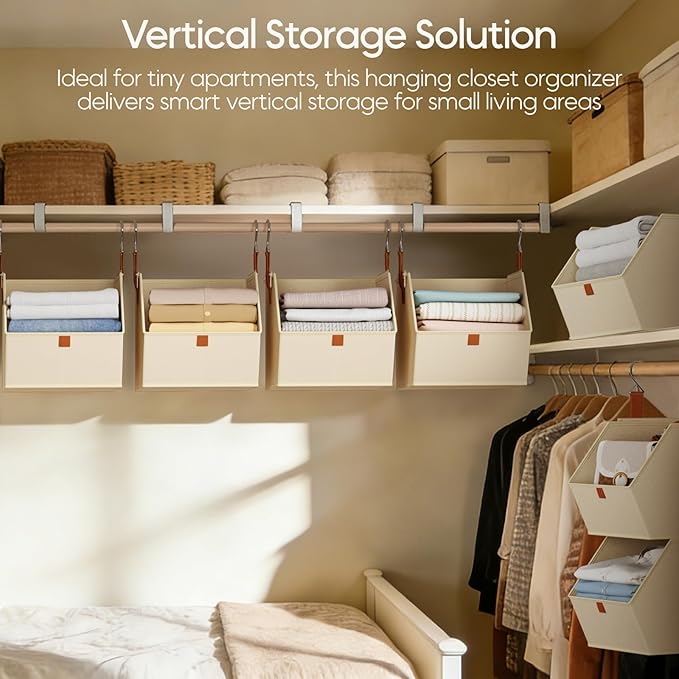 Homsorout Collapsible Hanging Closet Organizer - 3 Tier Closet Shelves Storage System with Hooks, Fabric Hanging Storage Bins for Clothes, Foldable Storage Basket for Laundry, Bedroom, Rv, Beige