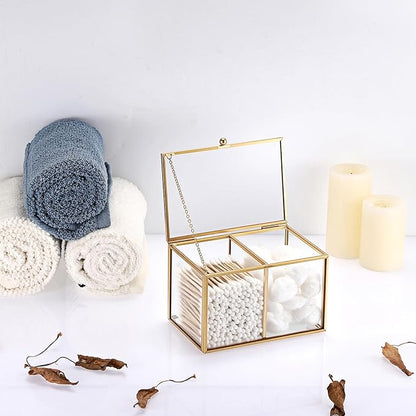 Hipiwe 2 Slots Glass Qtip Holder Gold Q-tip Storage Box with Lid Bathroom Accessories Container for Cotton Balls Cotton Swab Holder Rectangular Vanity Countertop Organizer