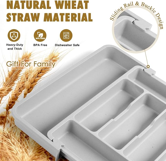 FANCILLA Heavy Duty Silverware Organizer for Kitchen Drawer & Utensils - Wheat Straw Large Adjustable Utensil Drawer Organizer, BPA-Free Flatware Tray, Dishwasher Safe, 6-8 Wider Slots (Gray)