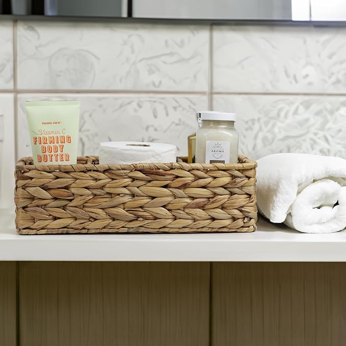 Water Hyacinth Basket for Toilet Paper, Wicker Baskets for Storage Bathroom Counter, Storage Basket With 3 Compartments, Restroom Bathroom Baskets Tray Vanity Organizer (Water Hyacinth)