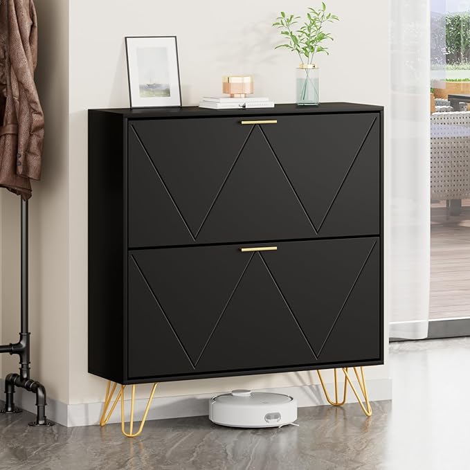 JOZZBY Shoe Cabinet for Entryway Slim Set of 2, Black Shoe Cabinet with 2 Flip Drawers, Narrow Shoe Slim Shoe Storage Cabinet Entryway, Hallway, Living Room