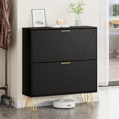 JOZZBY Shoe Cabinet for Entryway Slim Set of 2, Black Shoe Cabinet with 2 Flip Drawers, Narrow Shoe Slim Shoe Storage Cabinet Entryway, Hallway, Living Room