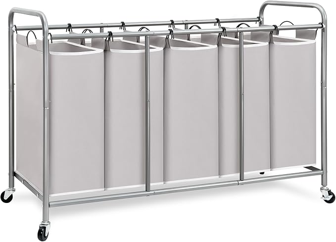 STORAGE MANIAC 5 Section Laundry Sorter, 5 Bins Rolling Separator Laundry Basket, Dirty Clothes Hamper Divider with Heavy Duty Rolling Lockable Wheels, Large Clothes Organizer Cart, Gray