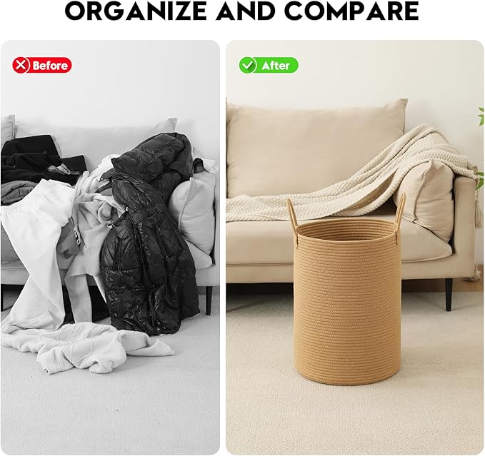 Laundry Basket Hamper Tall Rope Storage Woven for Blanket toys Dirty Clothes in Living Room Bathroom Bedroom (Jute Brown, 80L/21.3Gal)