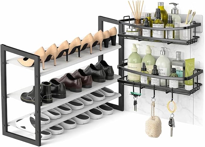 Shoe Rack for Closet & Entryway, Stackable Shoe Organizer, Screw-Fastened Metal Frame for Less Wobble, Heel-Friendly Non-Woven Shelves, 11.8" Deep Space-Saving Shoe Storage (Black, 2-1 Tier) (2-1)