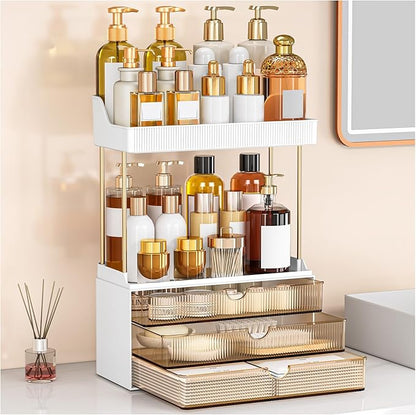 caktraie Bathroom Organizers and Storage - 3 Drawers 2 Tier Makeup Organizer, Cosmetic Storage Drawer for Dresser Countertop and Bathroom Vanity for Large Skincare, Perfume, Amber