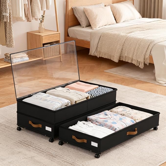 Under Bed Storage with Wheels 2-Pack, 75L XXL Under the Bed Storage Containers Large, 12" Tall Adjustable Storage for Underbed with Lids, Rolling for Clothes, Shoes, Blankets (Black)