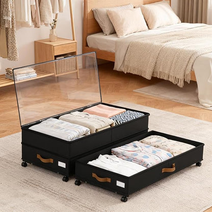 Under Bed Storage with Wheels 2-Pack, 75L XXL Under the Bed Storage Containers Large, 12" Tall Adjustable Storage for Underbed with Lids, Rolling for Clothes, Shoes, Blankets (Black)